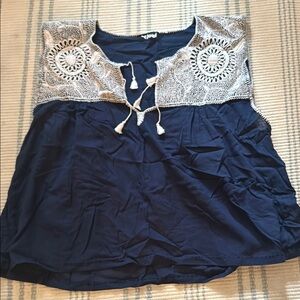 Blue and White Tie Front Blouse with Bib Collar